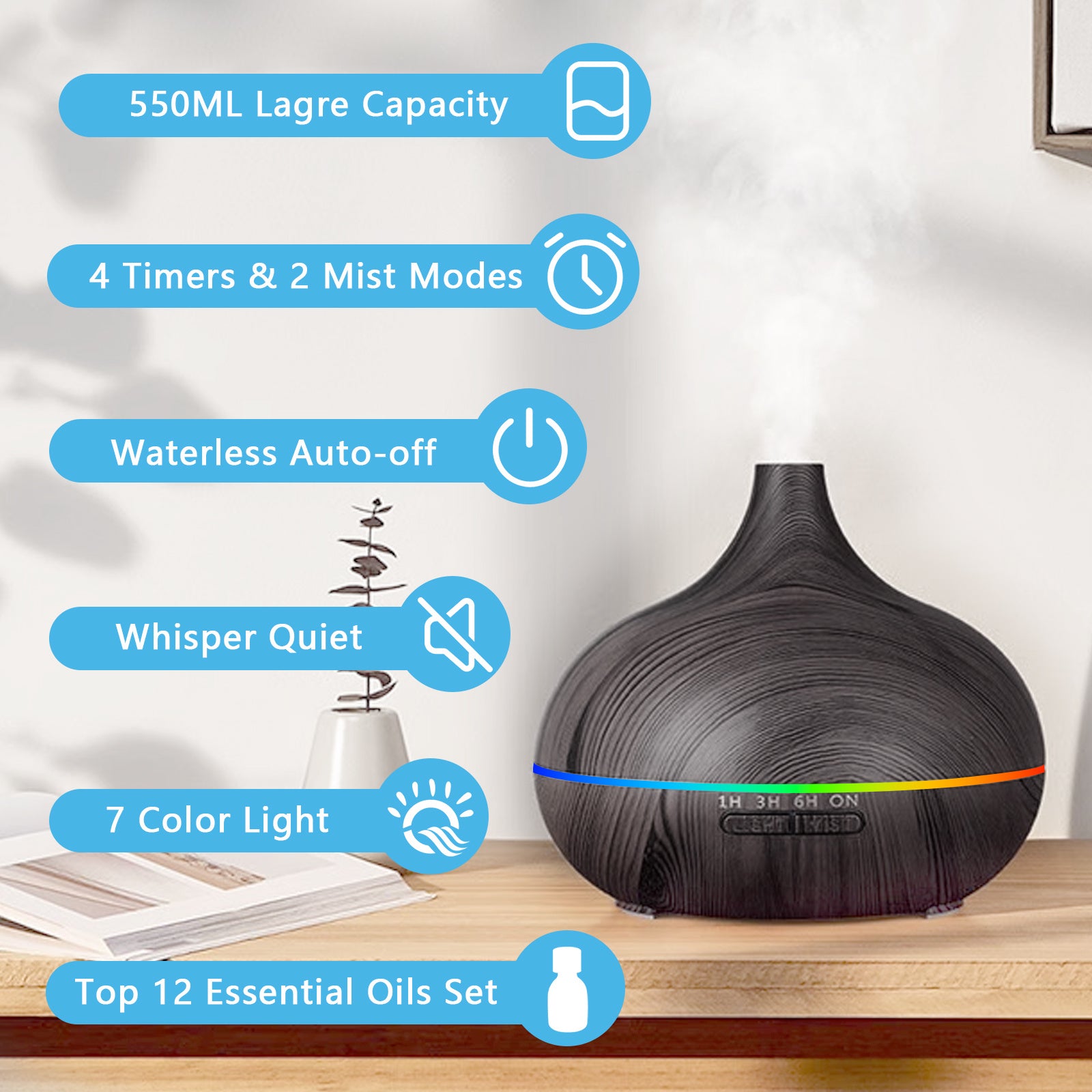 550ML Large Capacity Diffuser Essential Oil Diffuser with 12 Bottles of Essential Oils