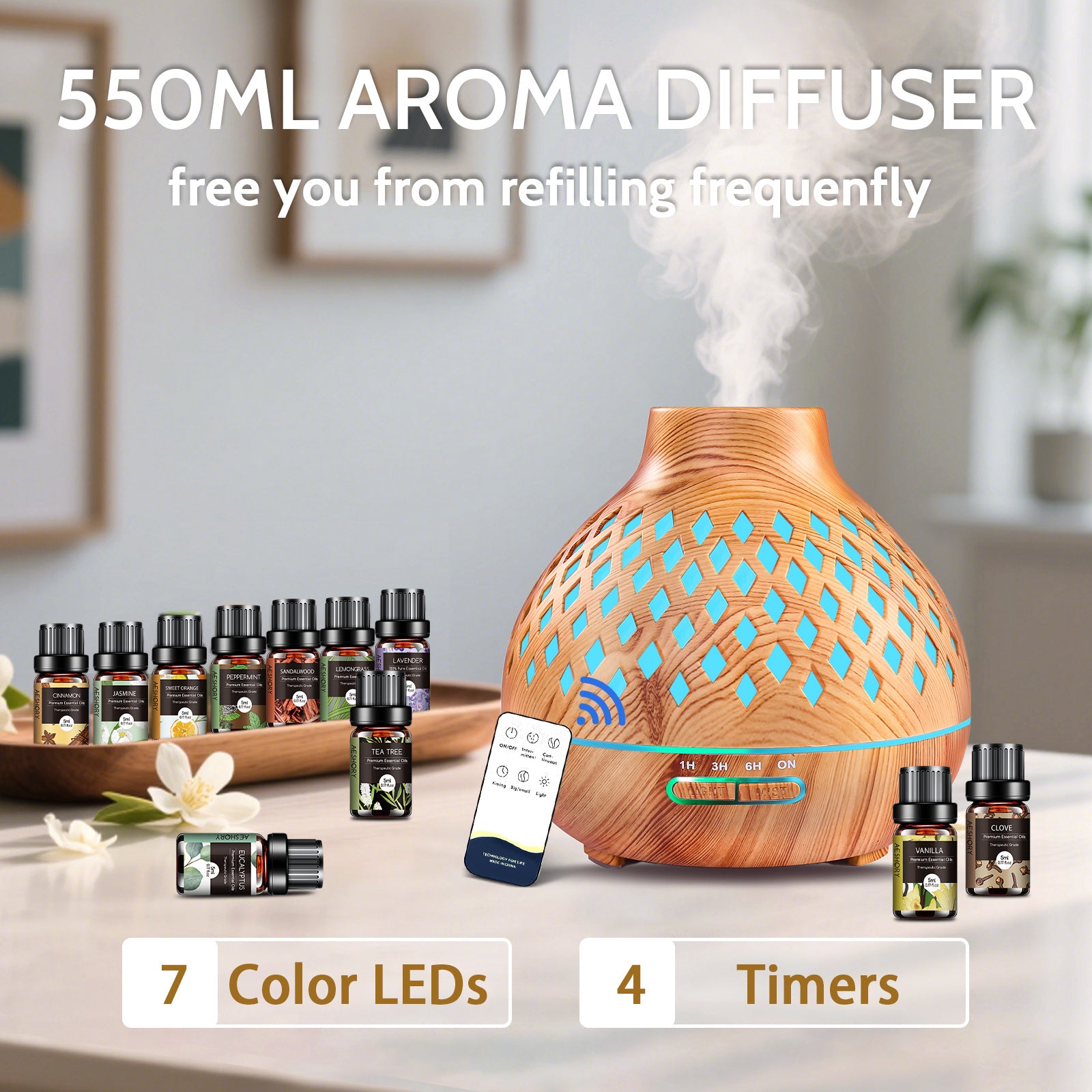 550ML Large Capacity Diffuser Essential Oil Diffuser with 12 Bottles of Essential Oils